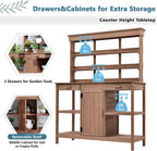 Polibi Potting Bench Table with 4 Open Shelves and 2 Drawers, 66" Large Farmhouse Wooden Outdoor Patio Workstation, Garden Potting Bench with Cabinet for Backyard, Mudroom (Brown, 66'')