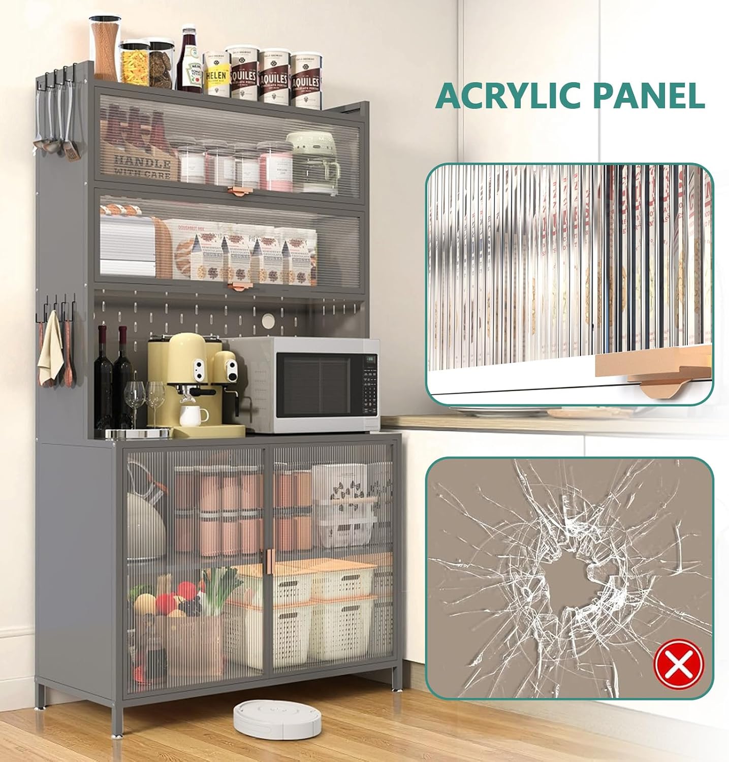 73'' Tall Kitchen Pantry Cabinet,Metal Pantry Cabinet with Adjustable Shelves,6-Tier Hutch Storage Cabinet with Microwave Stand, Anti-Tip Design Hutch for Kitchen, Dining Room, Living Room (Grey)
