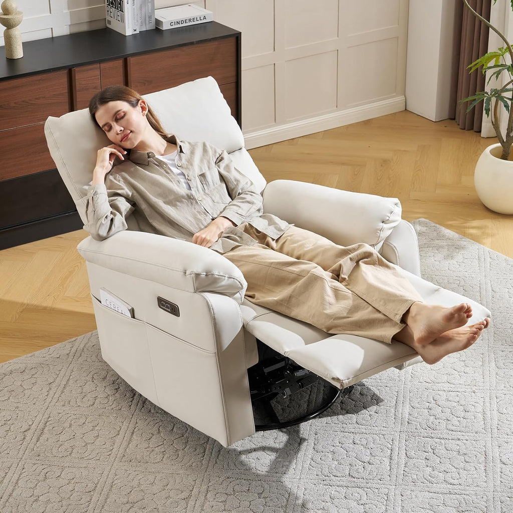 Power Rocking Chair Nursery with Adjustable Lumbar Support,Swivel Rocker Recliner with Overstuffed Armrests, Nursery Glider Recliner for Bedroom & Livingroom, USB & Type-C, Faux Leather Beige