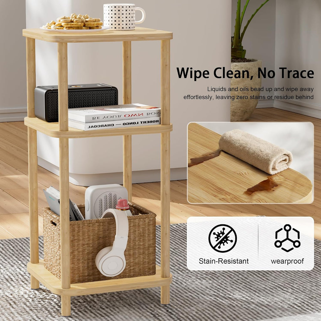 Bamboo End Table with Charging Station, Side Table for Small Space, Small Table Stand, Narrow Wooden Bedside Table Nightstand with Shelves, for Nursery, Living Room, Bedroom, Natural