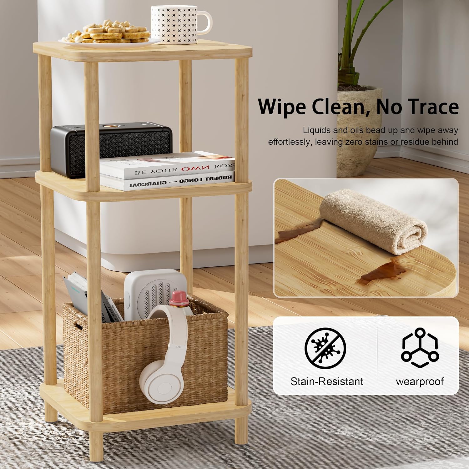 Bamboo End Table with Charging Station, Side Table for Small Space, Small Table Stand, Narrow Wooden Bedside Table Nightstand with Shelves, for Nursery, Living Room, Bedroom, Natural