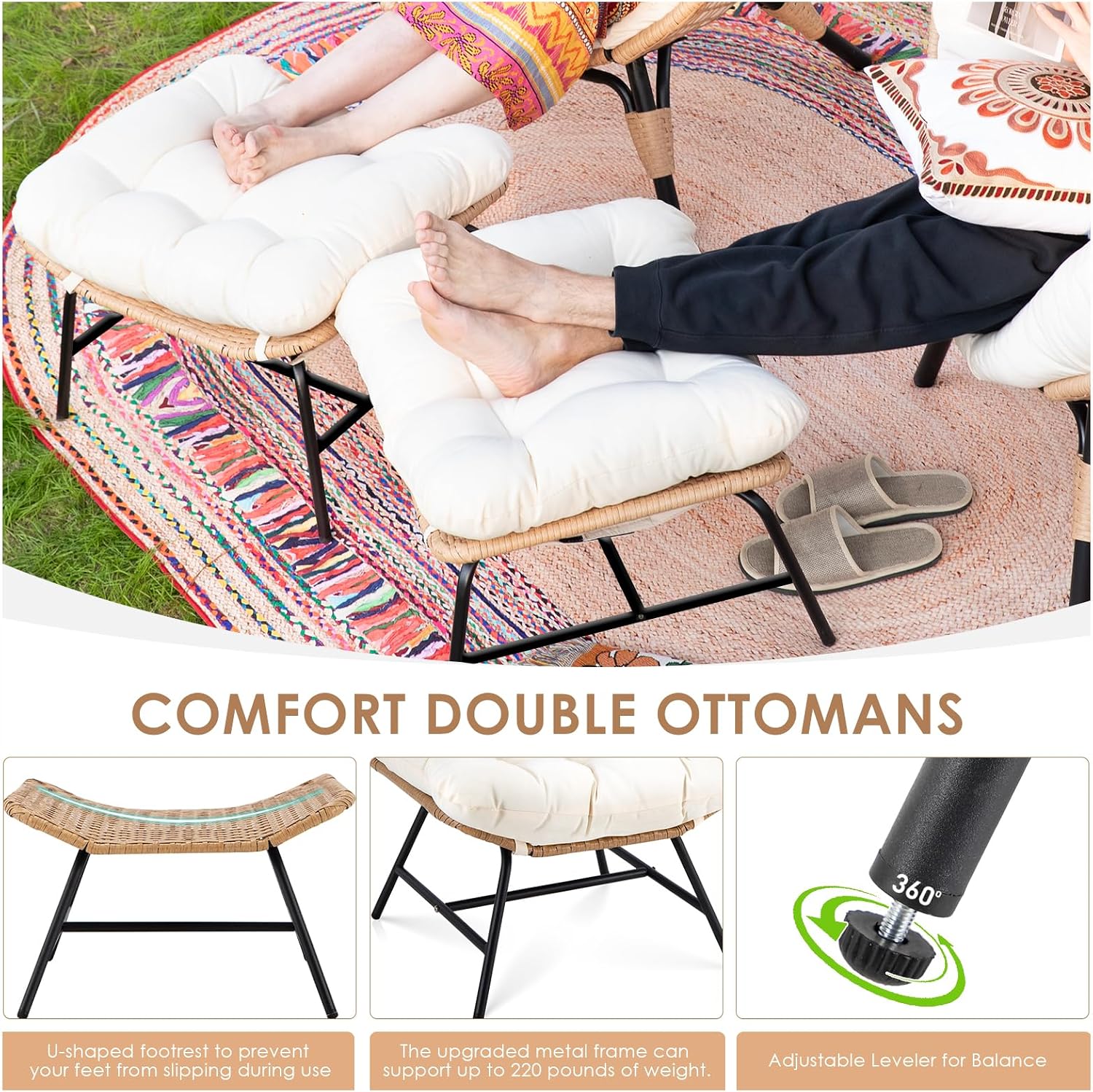 RADIATA Ottoman Set of 2 for Patio, Cushioned Wicker Footstool Ottomans, Rattan Foot Rest for Outdoor Chair Egg Chair, 2-in-1 Foot Stool for Living Room Bedroom Porch Deck Garden Balcony, Beige