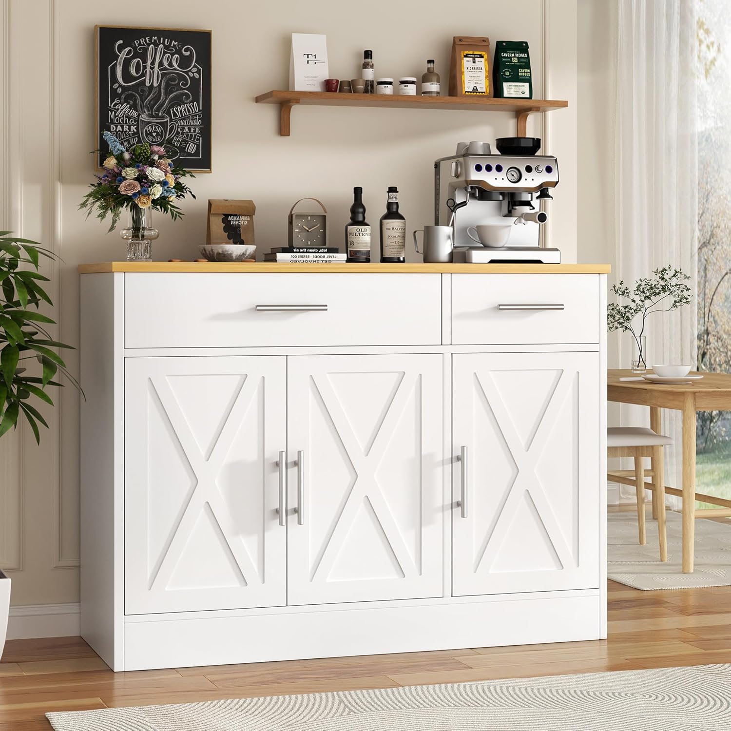 Vongrasig Coffee Bar Cabinet, Farmhouse Sideboard Buffet Cabinet with Storage, Coffee Bar with Drawers and Shelves, Wood Buffet Table for Kitchen, Dining Room, White