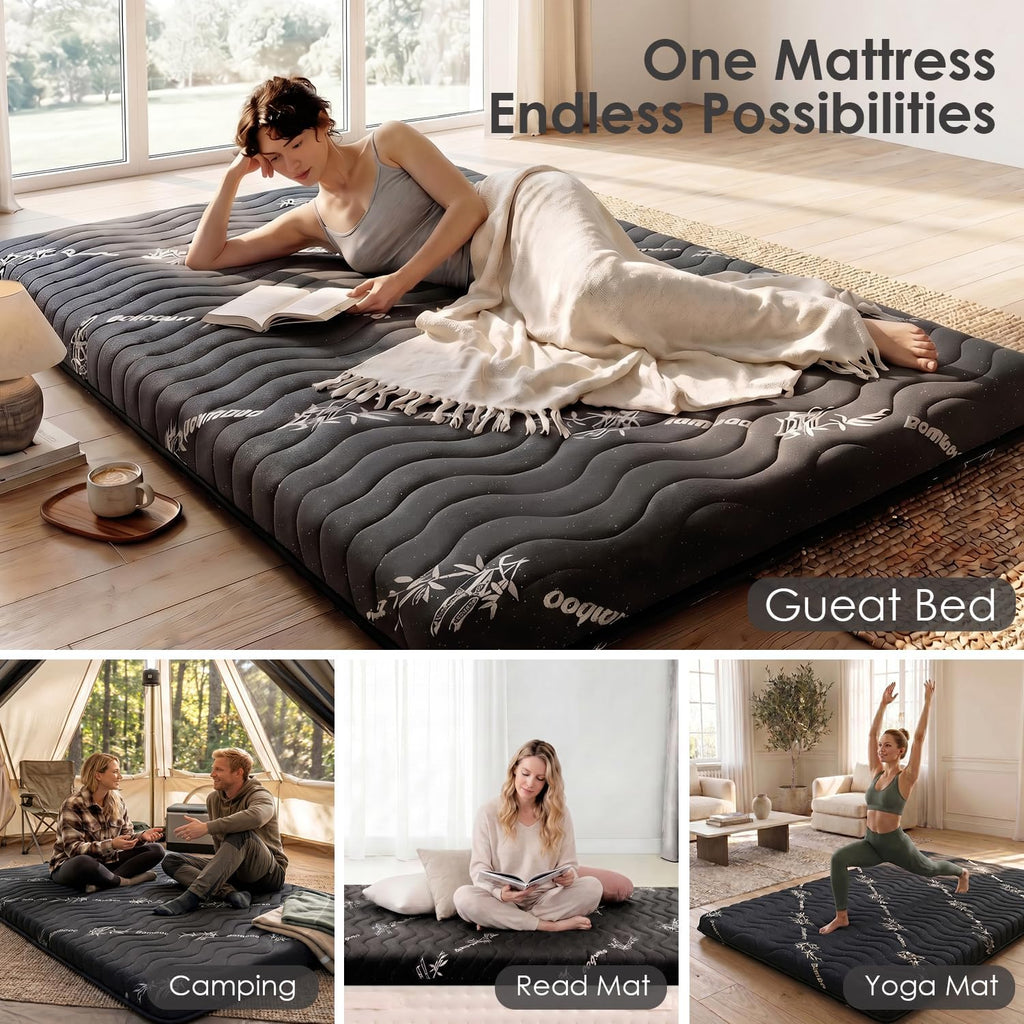 Japanese Floor Mattress Viscose Derived from Bamboo, 100% High Density Foam, 3.5" Thicken Cooling Foldable Futon Mattress Tatami Mat, Roll Up Floor Bed for Guest Room Bedroom RV, Black, Twin