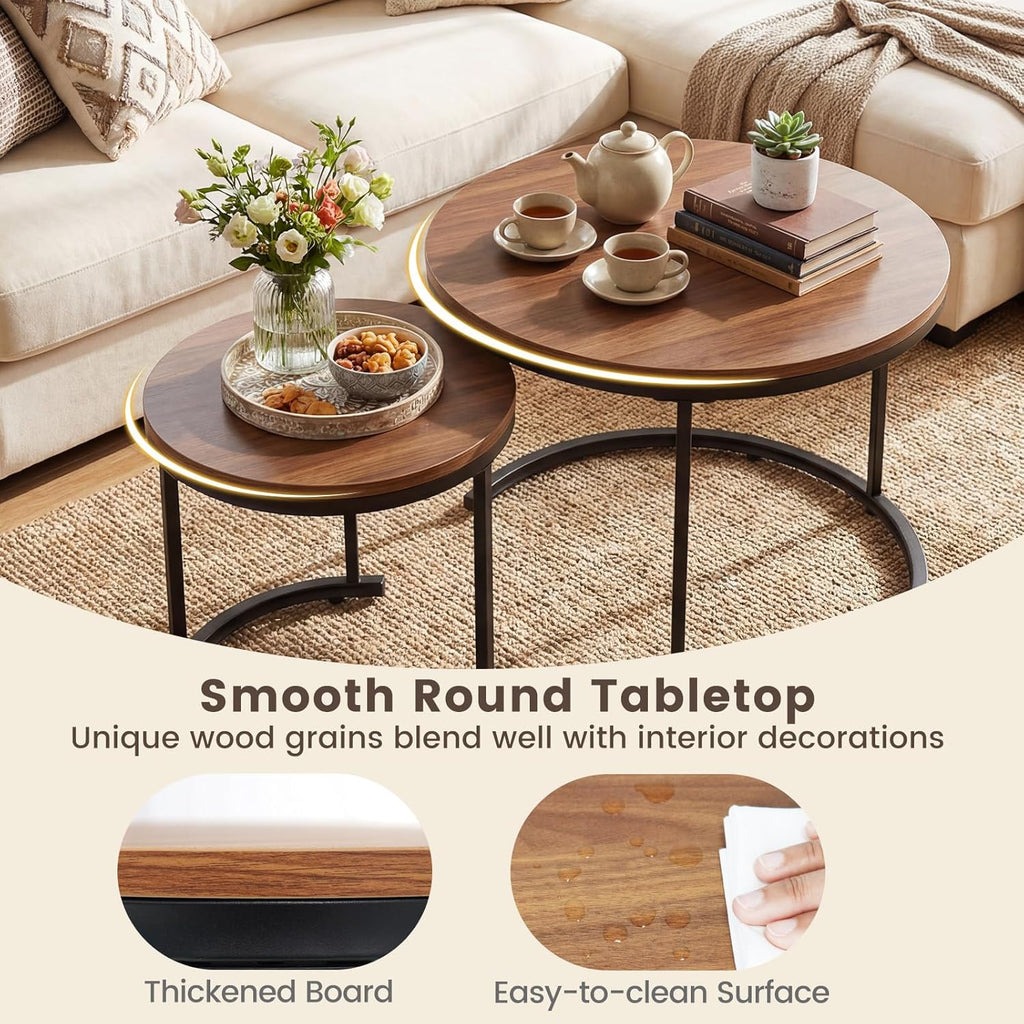 GOFLAME Nesting Coffee Tables Set of 2, Stacking Round Center Table with Wooden Tabletop & Powder Coated Steel Frame, Living Room Coffee End Table Set for Apartment, Bedroom (Brown & Black)