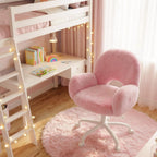 Homkdom Vanity Chair with Round Hollow Back, Pink Desk Chair with Arms & Wheels, Cute Office Chair for Make-up Room, Bedroom, Home Office, Salon, Height Adjustable, Faux Rabbit Fur