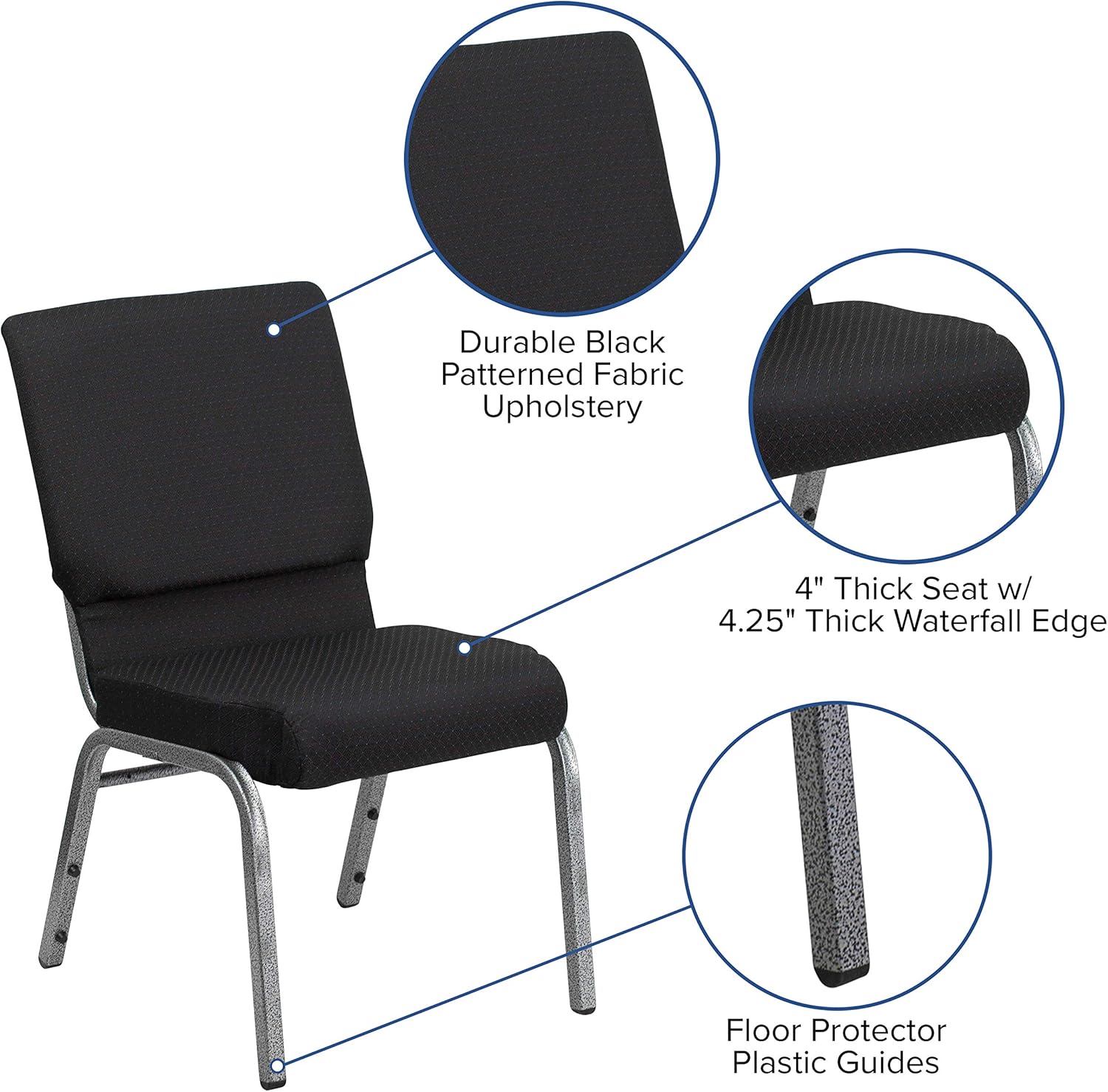 Flash Furniture HERCULES Series 18.5''W Stacking Church Chair in Black Patterned Fabric - Silver Vein Frame, 25"D x 19.25"W x 33.25"H