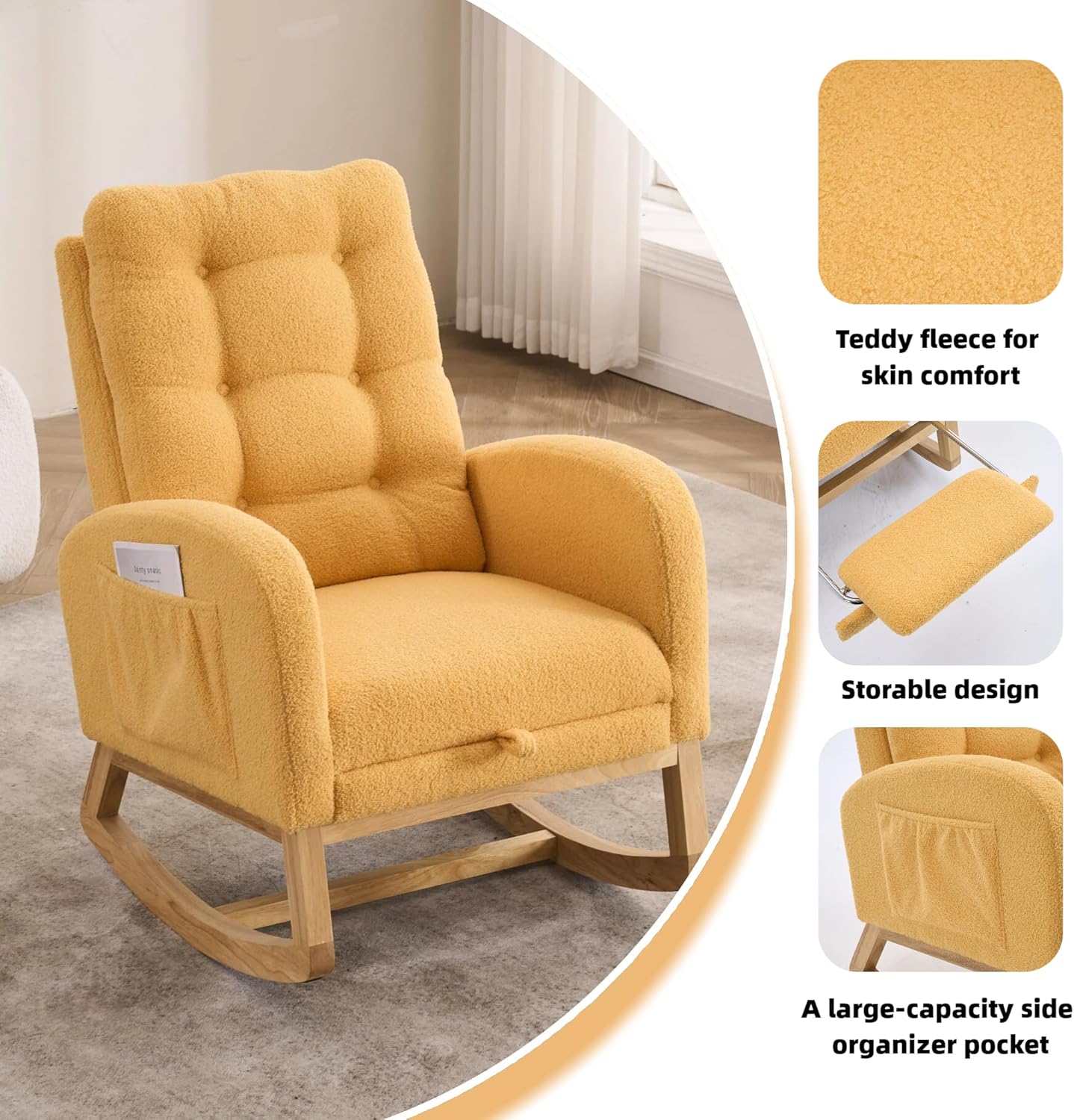 Rocking Chair, Nursery Rocker, Upholstered Accent Chair with Footrest, High Back Armchair for Living Room Bedroom, Yellow, Rubber Wood Legs, Side Pocket, 26.77D 38.36W 39.76H Inch