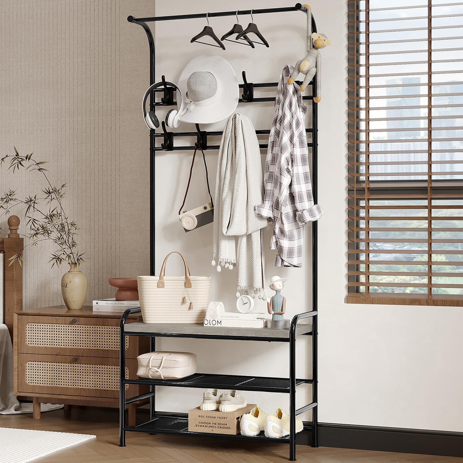 GarveeHome Hall Tree Shoe Bench, 4 in-1 Entryway Storage Bench with 8 Sturdy Hooks, Freestanding Coat Rack for Small Spaces, Apartments, Bedroom, Rustic Gray