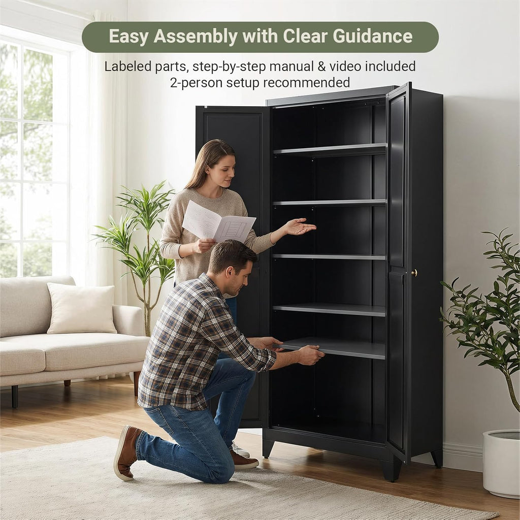75" Metal Kitchen Storage Cabinet with Doors, Freestanding Steel Pantry Cabinet, 5 Adjustable Shelves, for Dining Room, Black