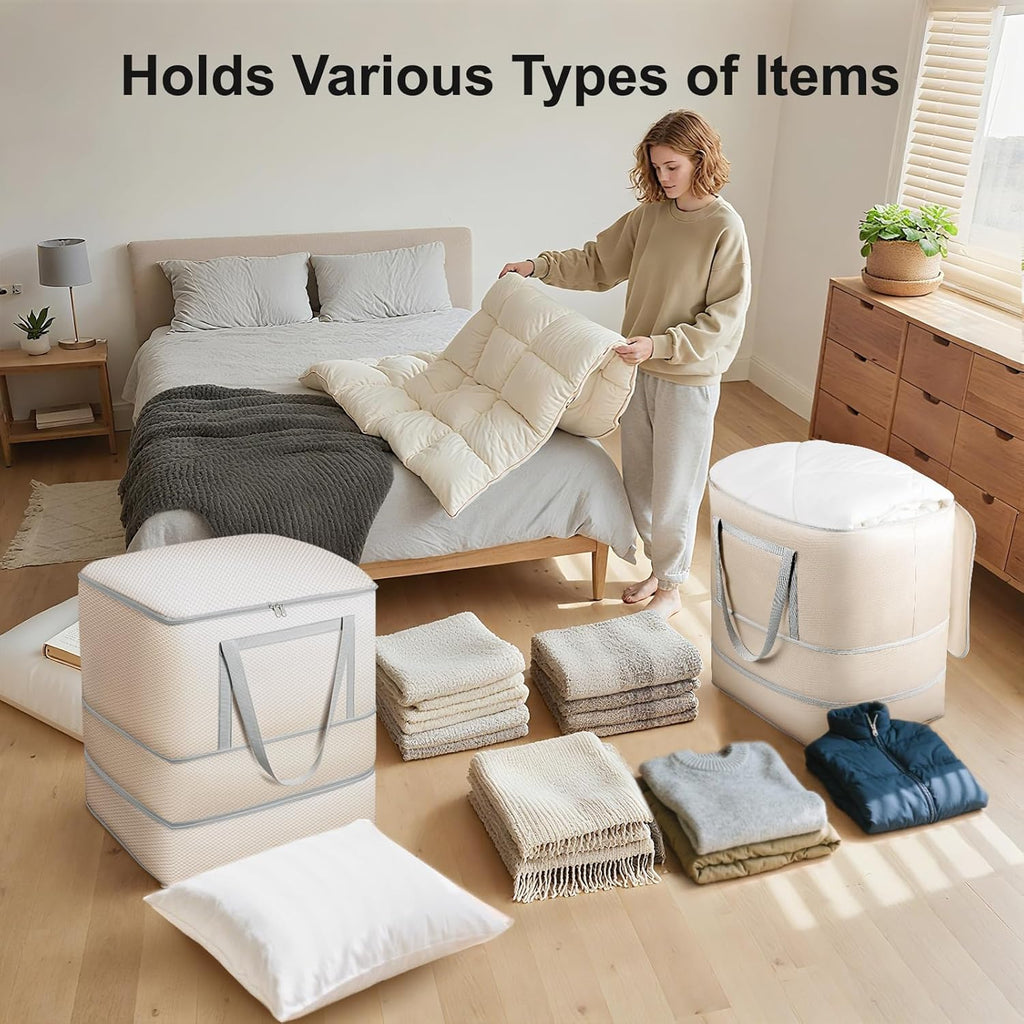 Comforter Storage Bag - 120L Bedding Storage Bags for Closet and Moving, Washable Blanket Storage Bag, Ultra Space Saving Self Compression Organizer, 2-Pack, Beige