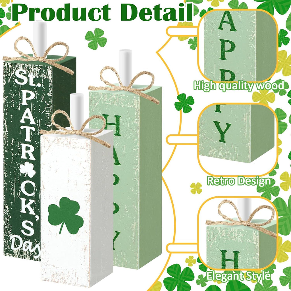 MiniInflat 3 Pcs St. Patrick's Day Table Decor Irish Tiered Tray Decor Green and White Clover Block Sign Rustic Farmhouse Wooden Tabletop Centerpieces for Home Office Kitchen Shelf Decorations