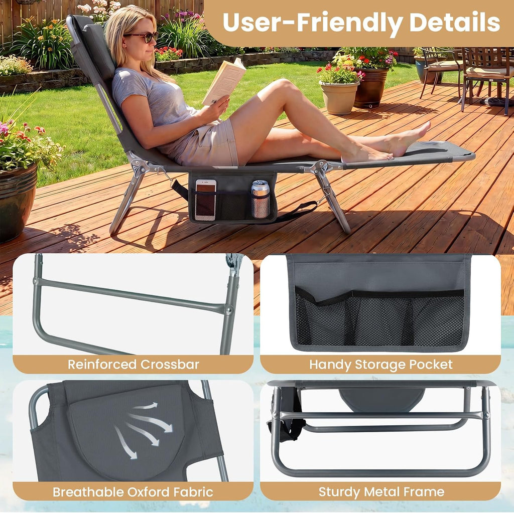 Goplus Tanning Chair, Portable Lightweight 10.5LBS Beach Lounger with Face Arm Holes, Adjustable 5-Position, 330LBS Capacity, Side Pocket, Removable Cushions, Portable Sunbathing Chair for Pool