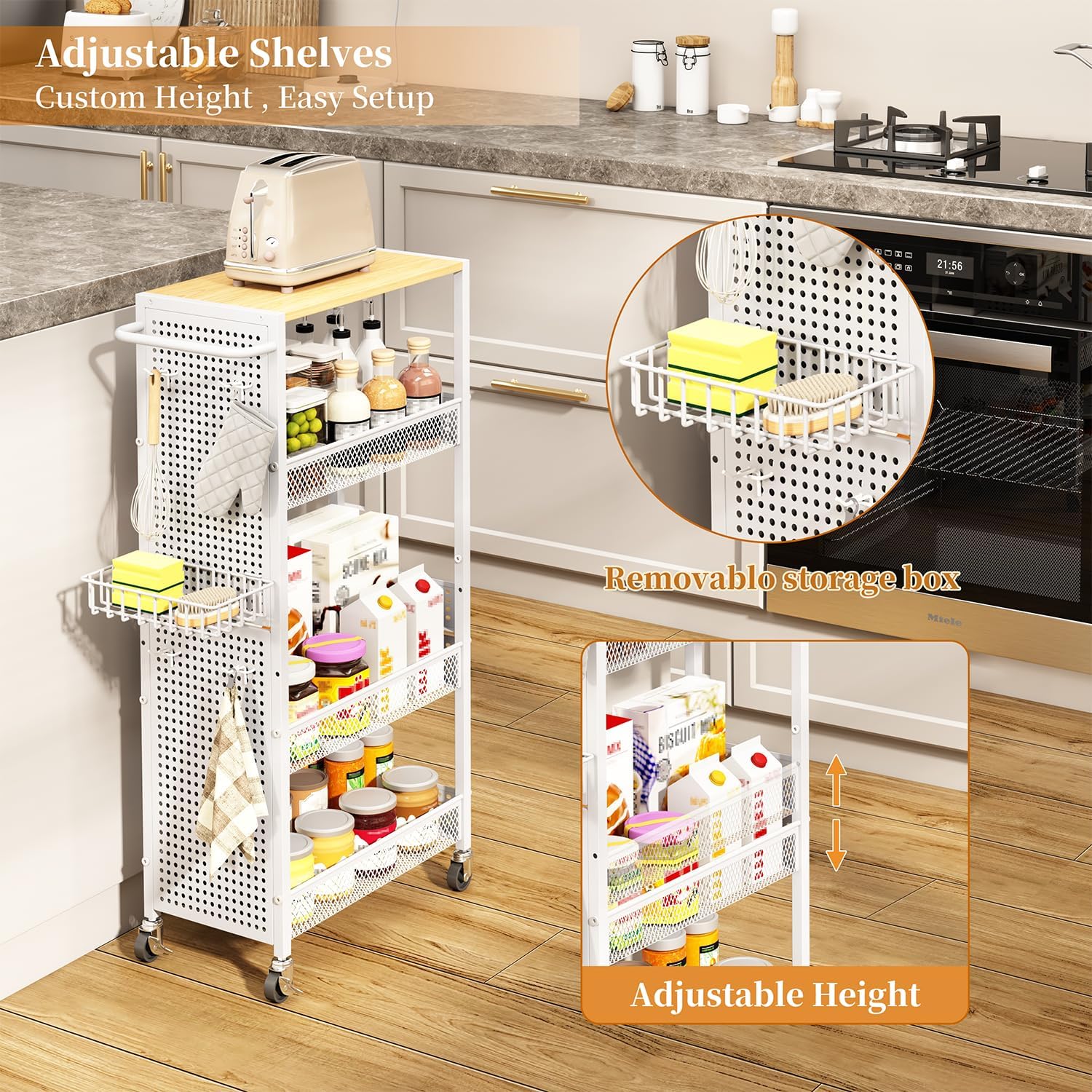 Slim Storage Rolling Cart: 4-Tier Narrow Metal & Wood Utility Cart with Wheels for Kitchen/Laundry/Bathroom(White)