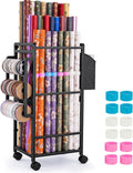 Aquzee Wrapping Paper Storage, Rolling Gift Wrap Storage Stand, Vertical Wrapping Paper Organizer Storage Cart, Ribbon Organizers, 12 PCS Slap Bands, 9 Adjustable Rod Design, Black