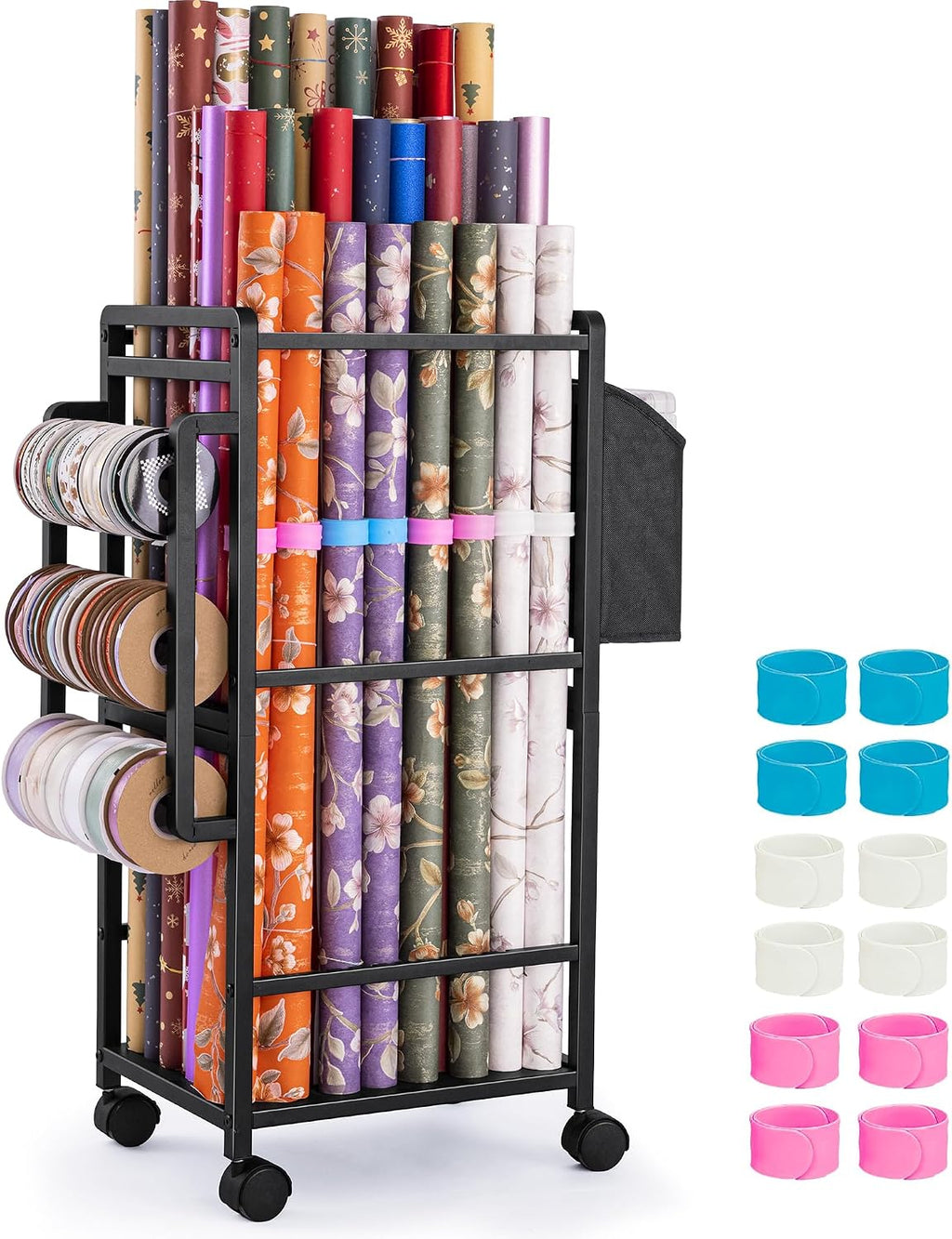 Aquzee Wrapping Paper Storage, Rolling Gift Wrap Storage Stand, Vertical Wrapping Paper Organizer Storage Cart, Ribbon Organizers, 12 PCS Slap Bands, 9 Adjustable Rod Design, Black