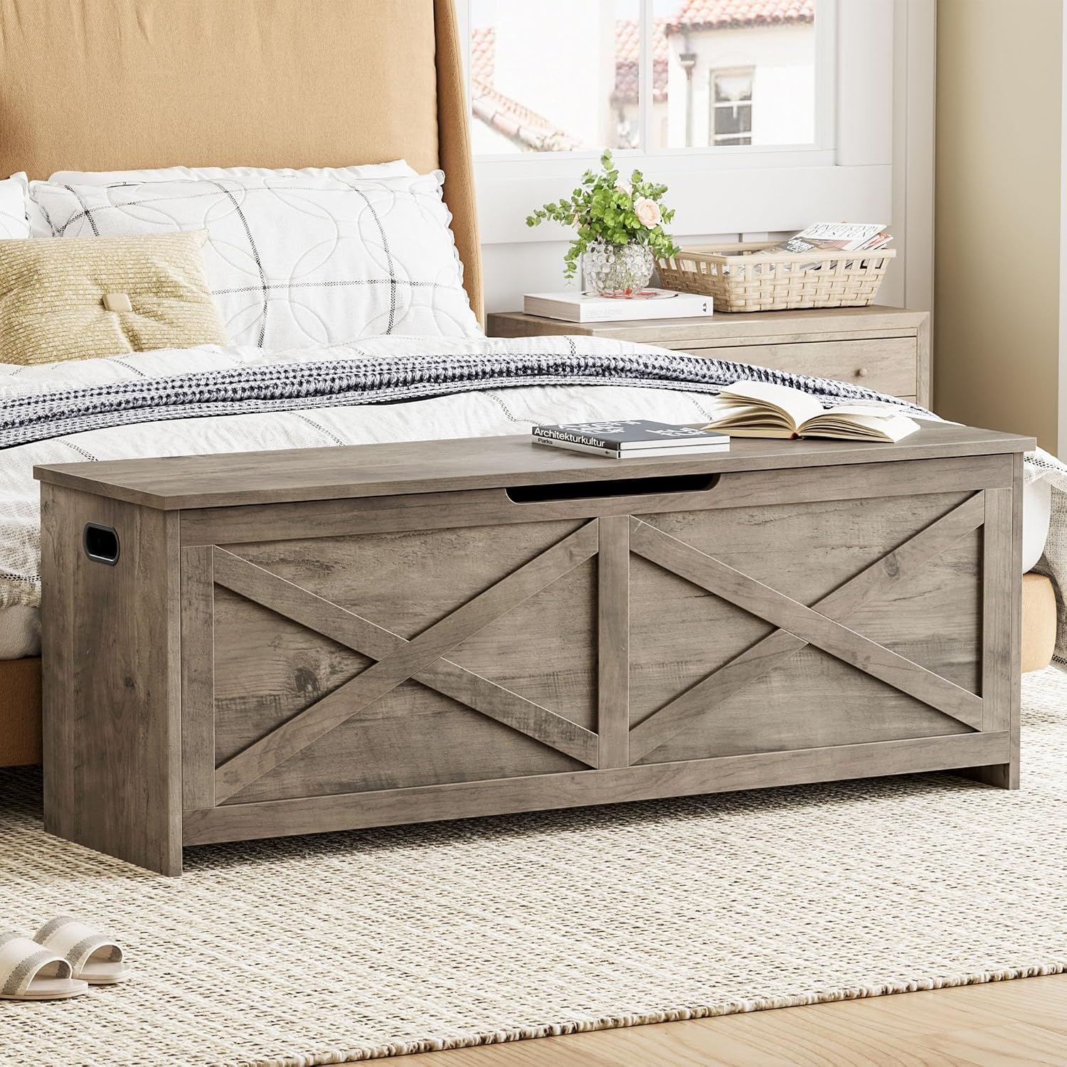 GarveeHome 47.2 in Storage Chest, Wooden Storage Bench with Safety Hinges, Easy Assembly, Large Shoe Bench for Entryway, Living Room, Bedroom