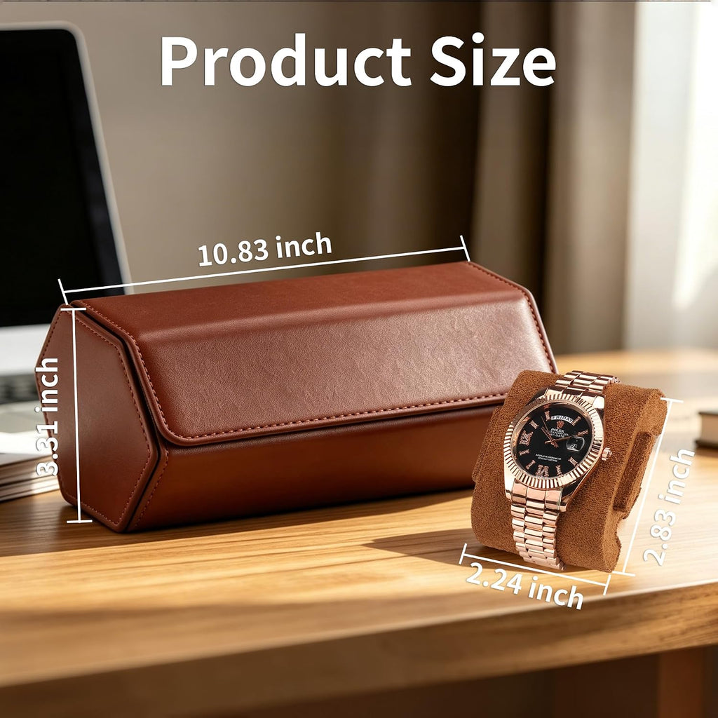 Leather Watch Roll for 2 Watches - Velvet-Lined Travel Case, Luxury Watch Rolls Organizer with Storage & Display for Men (3 Slot-Brown)