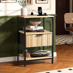 Bonnlo Fluted Nightstand Set of 2, End Table with Fabric Drawer with Charging Station, Night Stand with Storage Shelf & Hook, Fluted Side Table for Bedroom/Living Room,Oak