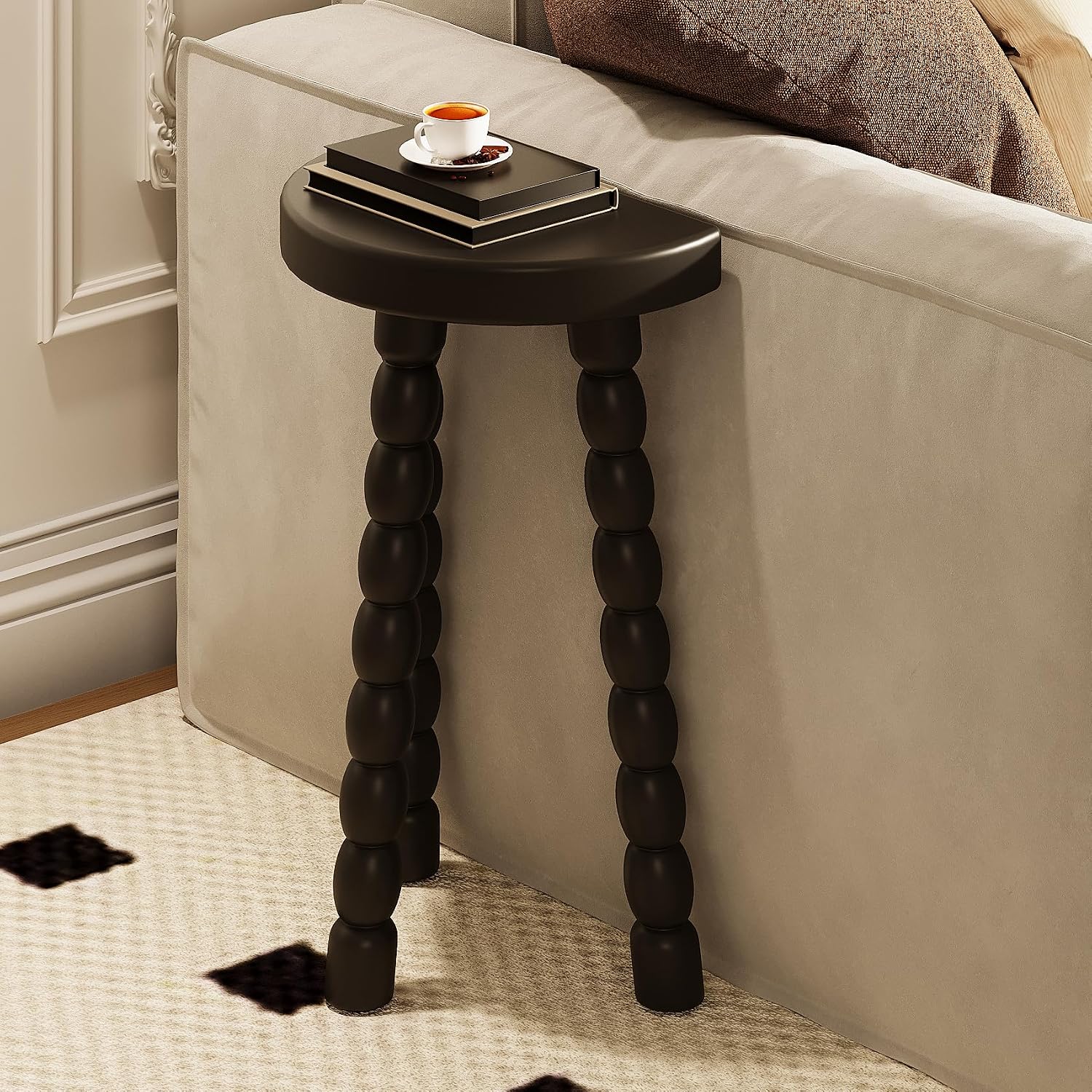 LitaEther Wooden Bobbin Side Table - Plant Stand - Half Round Table - Wooden Accent Stool- Minimalist Decorative Table for Bedroom, Hallway, Living Room (2, Black)