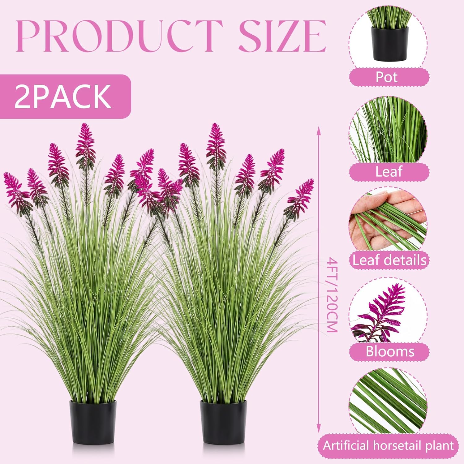 Jexine 2 Pieces 4 ft Artificial Tall Grass Plants Outdoor with Plum Cockscomb Flower Tall Artificial Grass Green Onions Plant Potted for Housewarming Gift House Garden Lobby Outdoor