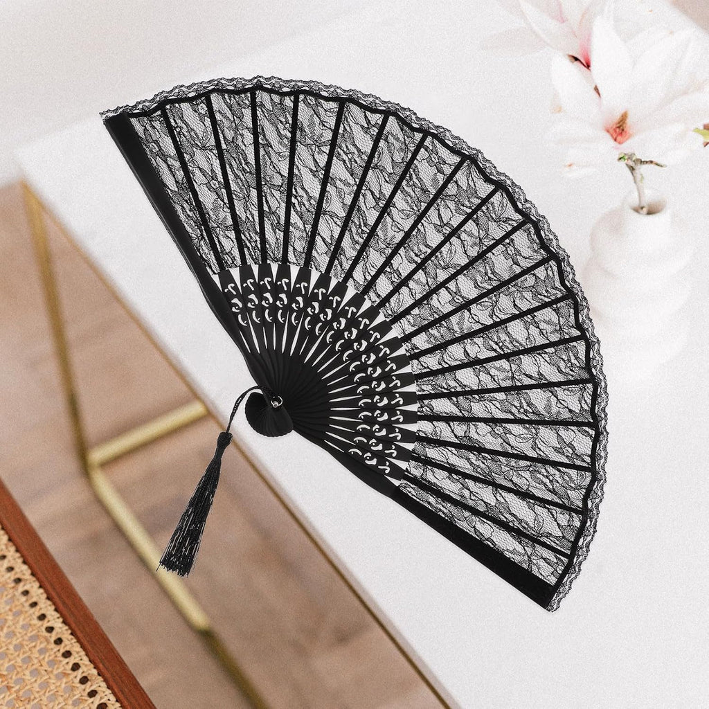 Sewroro Black Lace Folding Fan, Spanish Victorian Hand Fan, Bamboo Lace Foldable for Summer Wedding Party Favor And Fancy Dress