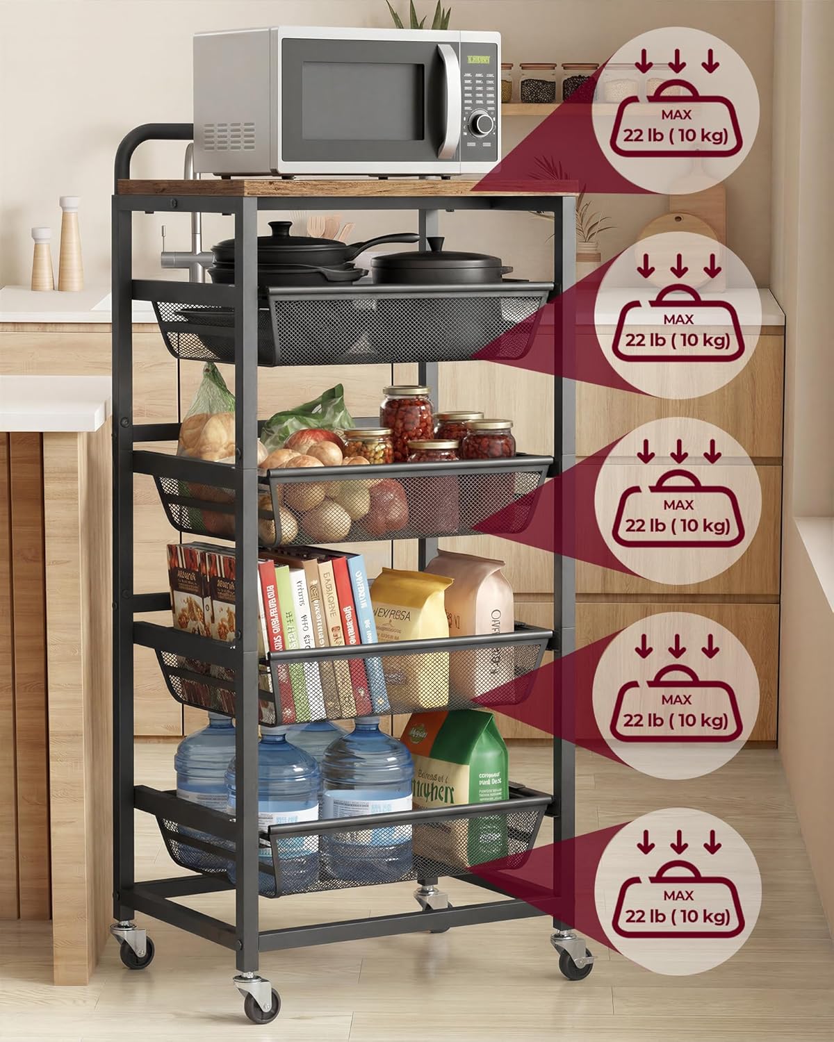 VASAGLE Storage Rolling Cart with Pull-Out Baskets, 5-Tier Utility Cart Orgnizer with Wheels for Laundry Room, Kitchen, Handle, 12.5 x 15.8 x 37.4 Inches, Rustic Brown and Ink Black ULRC041K01