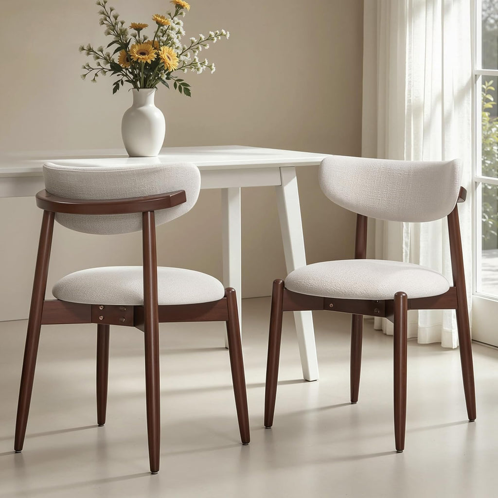 Dining Chairs Set of 4, Wooden Upholstered Dining Room Chairs with Curved Backrest, Mid Century Modern Fabric Kitchen Chairs, Cream & Walnut Legs