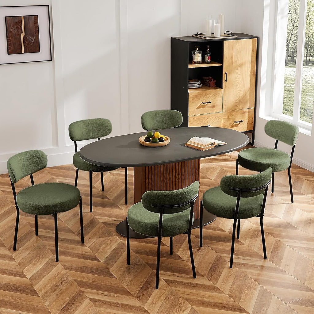 DUMOS Dining Chairs Set of 2, Mid Century Modern Chair Round Upholstered Curved Backrest, Kitchen Vanity Living Room Chairs with Black Metal Legs, Green