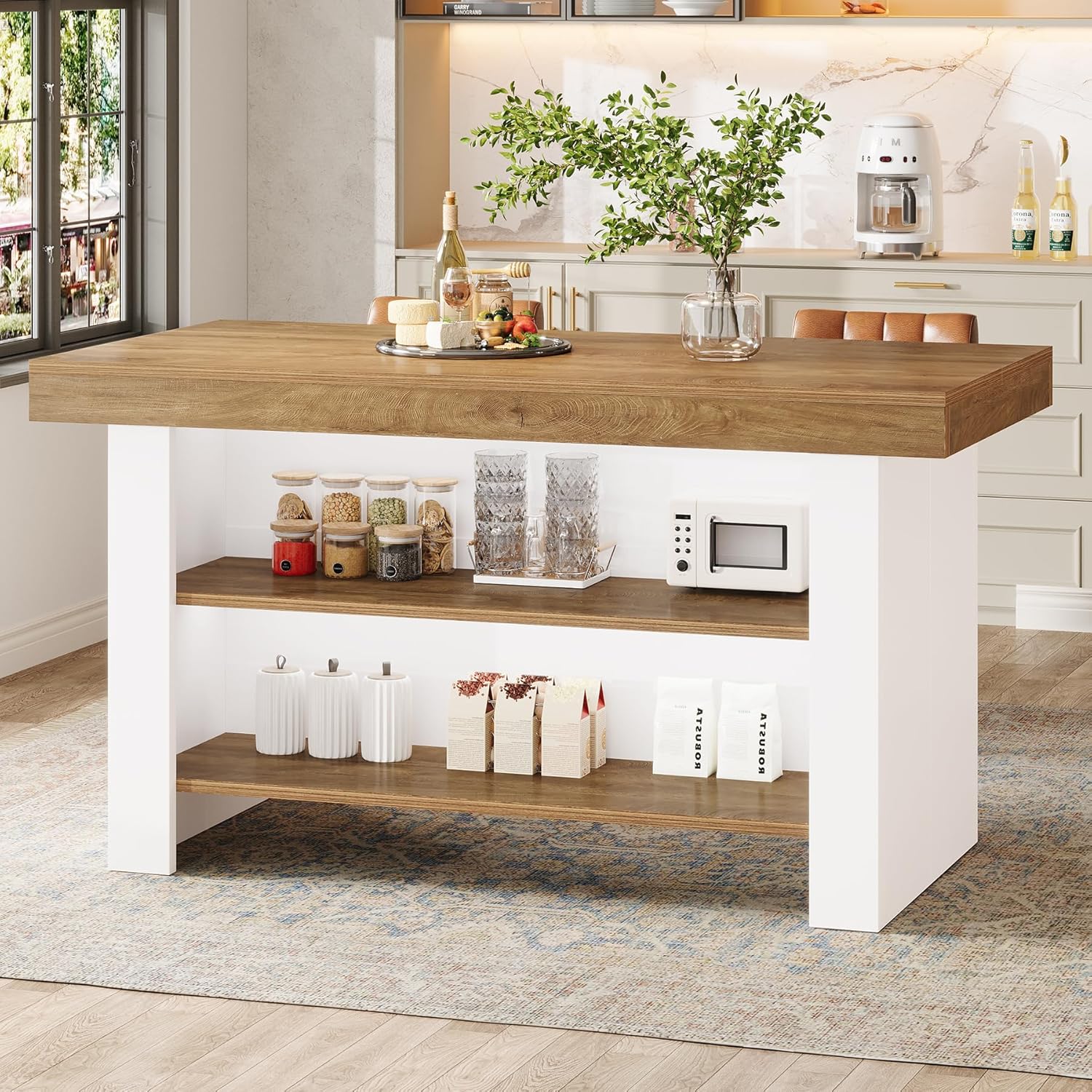 Tribesigns 55-Inch Kitchen Island with Storage, Farmhouse Center Island Table for Kitchen, Dining Room, Living Room (1, Brown and White)