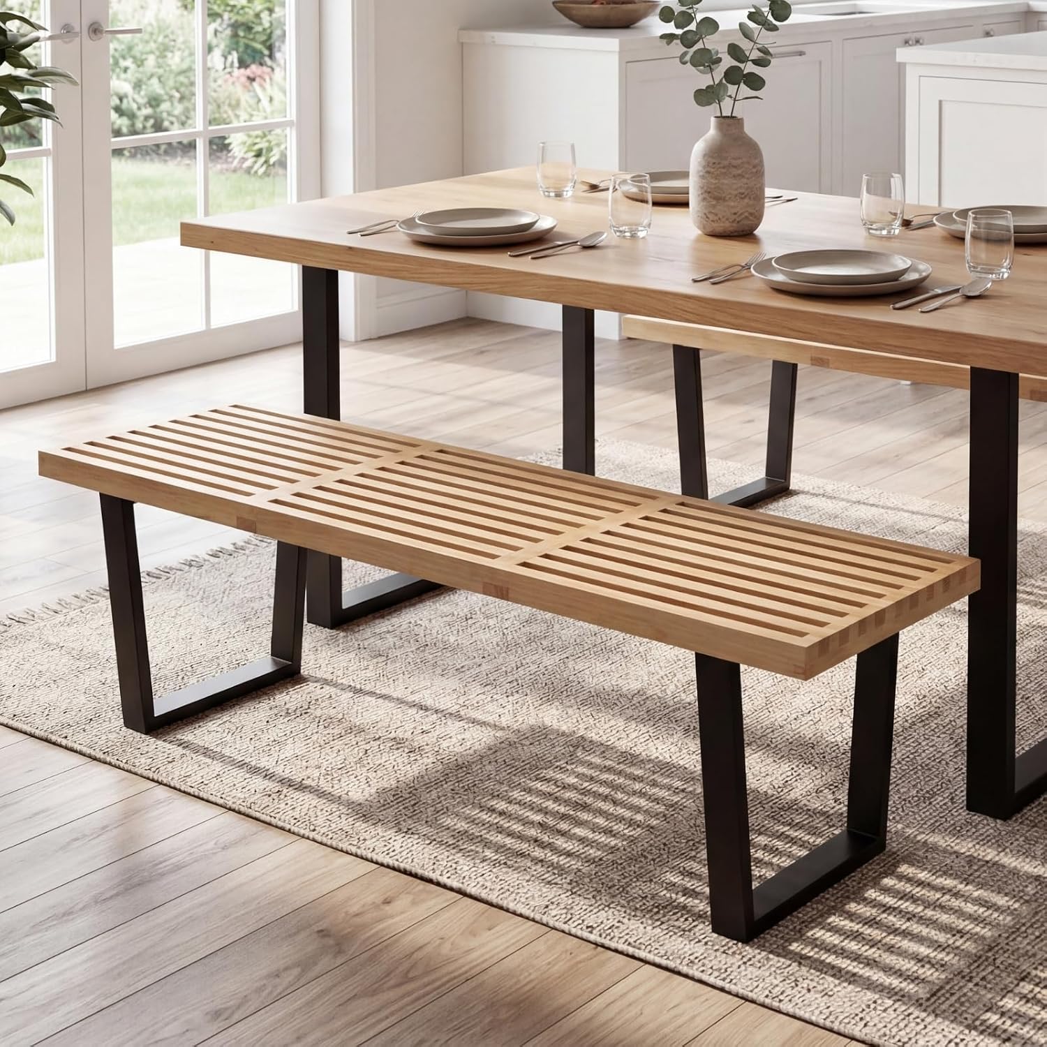 Wooden Dining Bench 55”Industrial Entryway Bench, Modern End of Bed Bench for Bedroom/Hallway, Natural Solid Wood Bench with W/Metal Legs for Dining Room/Living Room, Kitchen