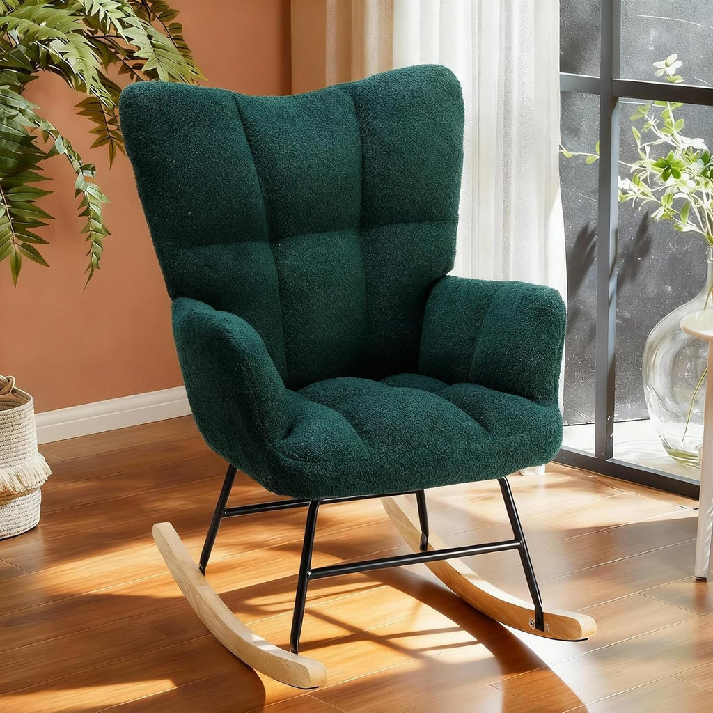 Rocking Chair, Upholstered Nursery Glider with 350 LBS Weight Capacity, Thick Padded Seat, Soft Teddy Fabric, Solid Wood Legs for Living Bedroom Nursery, 36.22"D x 28.35"W x 39.76"H, Green