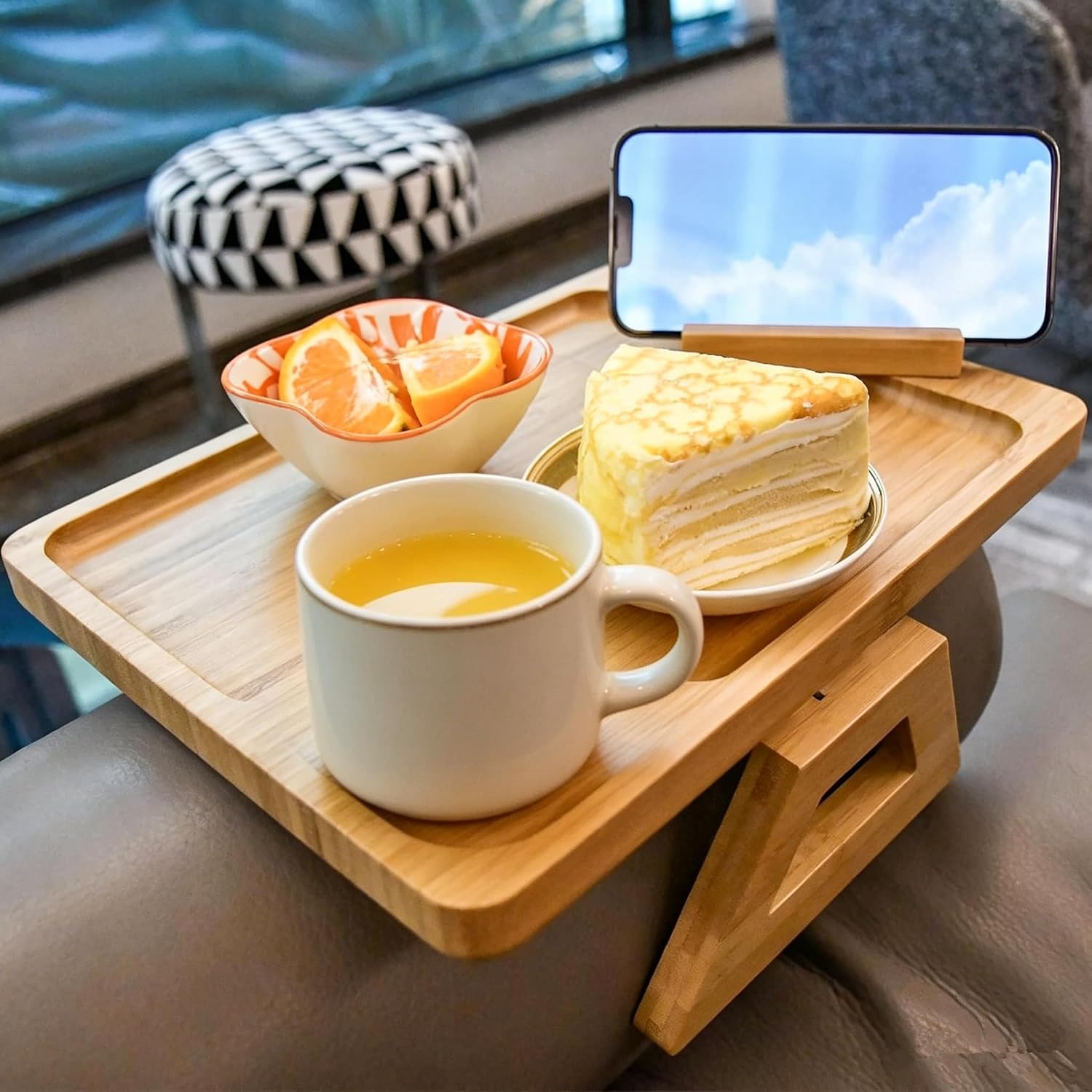 Couch Arm Tray, Bamboo Couch Armrest Table with Cup Holder & 360° Phone Holder, Foldable Snack Tray for Eating, Drinks, Snacks, Remote, Food - Fits Most Sofa Arms.