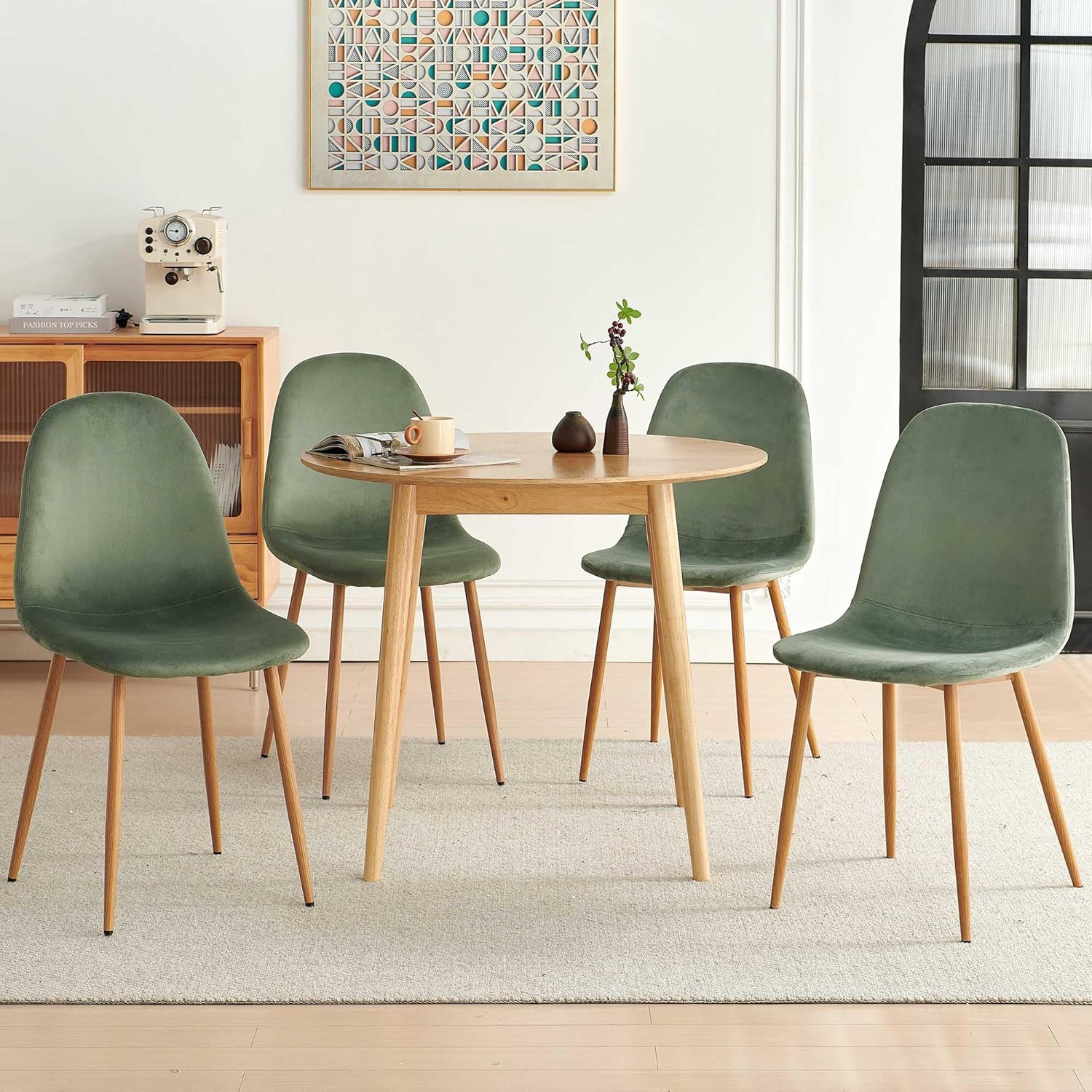 Small Oak Round Dining Table Set for 4, Modern 35'' Kitchen Coffee Table with 4 Green Velvet Dining Chairs for Dining Room Apartment