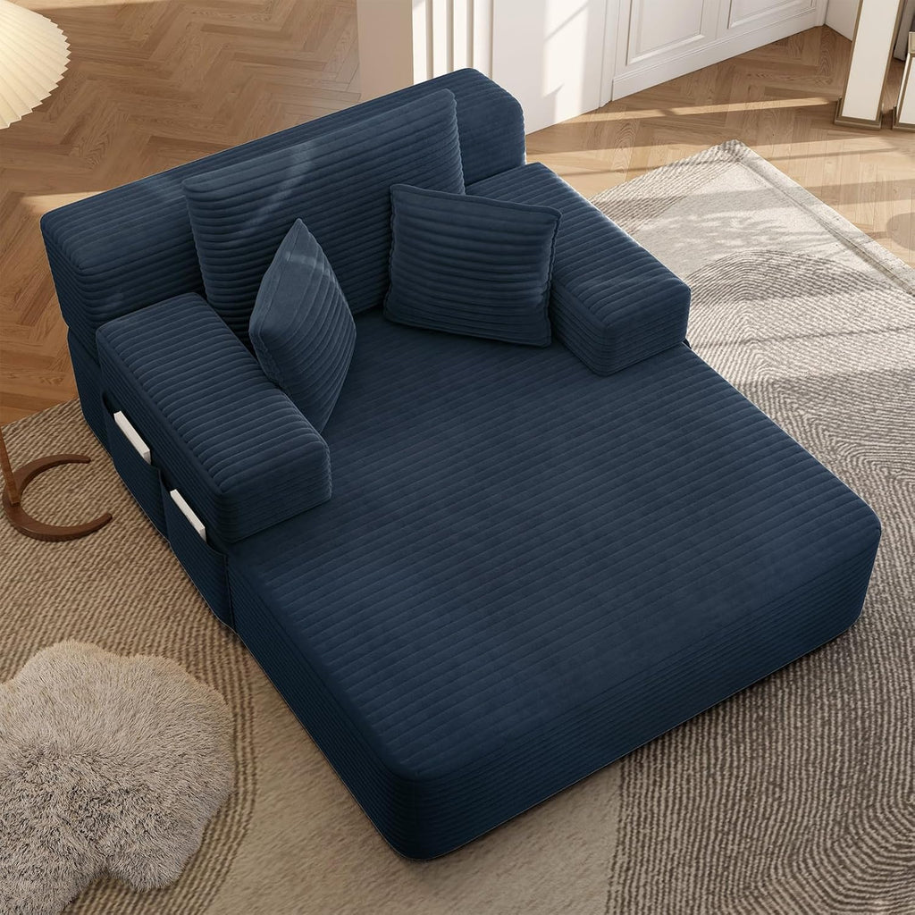 Boneless Chaise Lounge Chair Indoor, 60" Oversized Sleeper Couches W/Foldable Armrest Cloud Corduroy Upholstered Reading Chairs Floor Sofa Bed for Living Room No Assembly, Blue