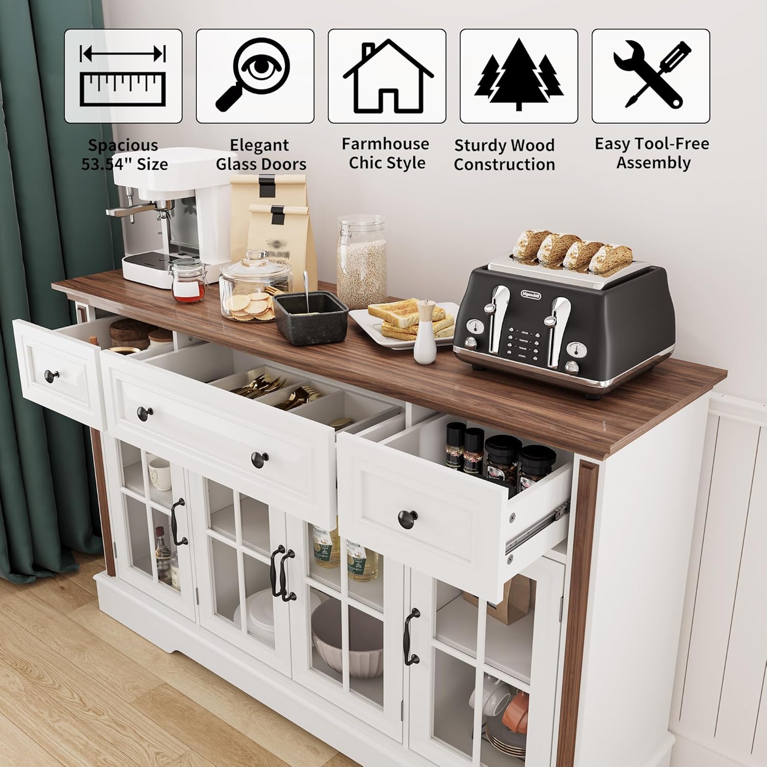 Sideboard Buffet Cabinet with Storage and Glass Doors,4-Door Cabinet with 3 Drawers,53.5" Farmhouse Modern Sideboard with Adjustable Shelves,Coffee Bar Cabinet for Kitchen & Dining Room,White