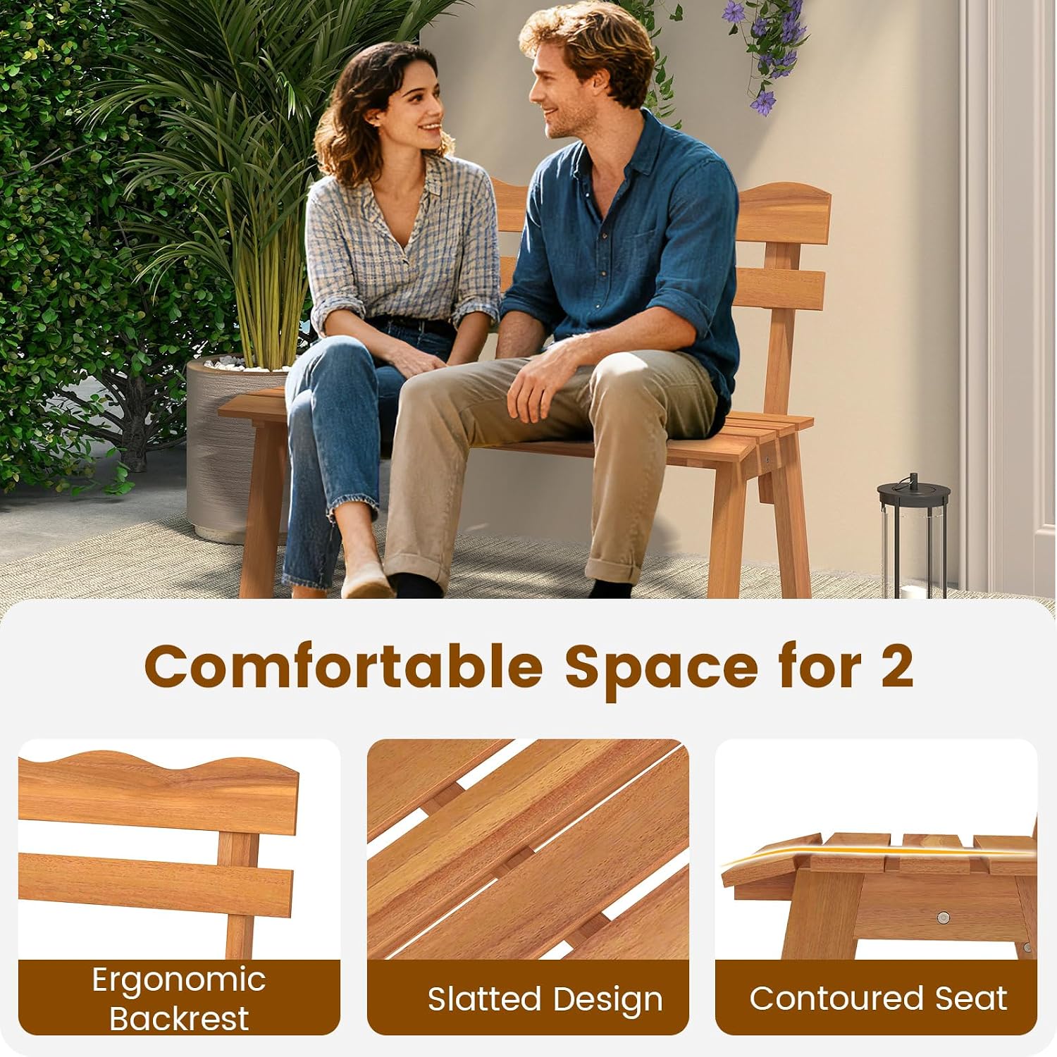 Tangkula Acacia Wood Outdoor Bench with Backrest, 2-Person Patio Garden Bench with Waved Backrest and Slatted Seat, 800 lbs Weight Capacity, Outside Loveseat for Front Porch, Balcony, Backyard, Park