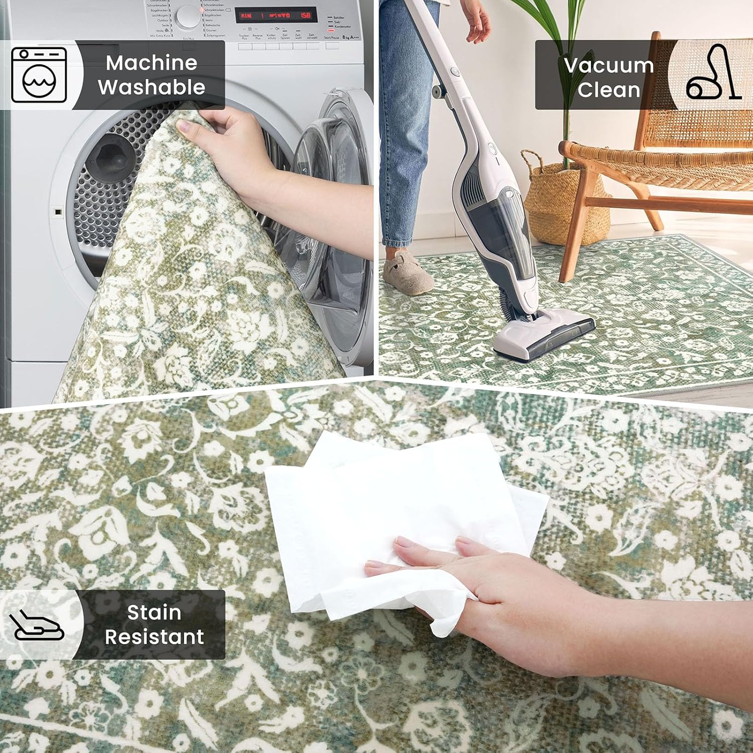 Vintage Washable Runner Rug 2x6, Sage Green Beige Runners for hallways, Super Soft Kitchen Runner Rug Non Slip, Printed Faux Wool Floral Thin Carpet Runner for Entryway Laundry Room Bedroom