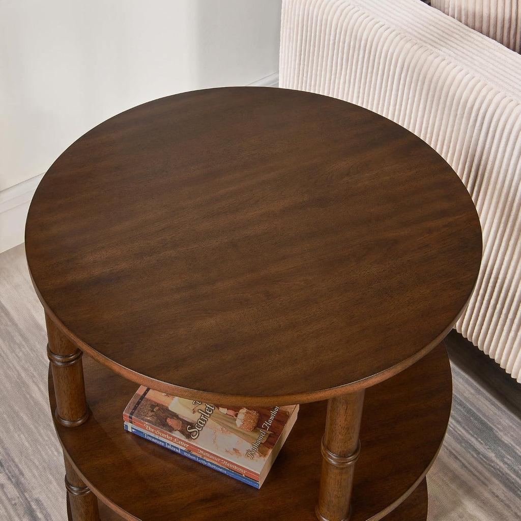 PADMA HOUSE Round Wood Small End Table with 3 Shelves, Wood Sofa Side Table with Storage for Small Spaces, Accent Couch End Tables for Living Room, Bedroom,19.7"*23.6"-Walnut