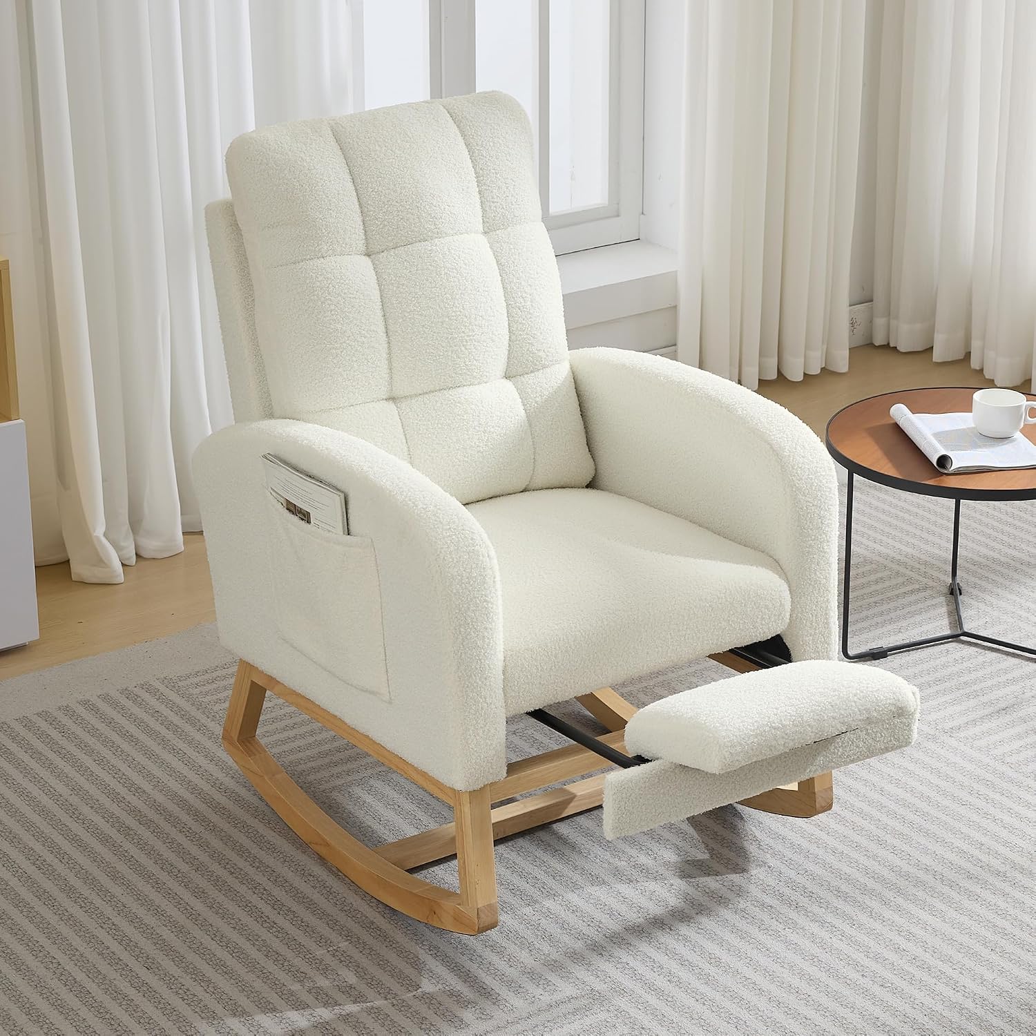Garvee Modern Nursery Rocking Chair, Comfortable Glider Rocker Chair with Side Pocket & Footrest, High Backrest Rocker Recliner for Nursing Room, Living Room, Bedroom, Teddy(Beige)