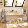 Wooden Kids Study Desk with Storage and 2 Stools, Kids Study Desk and Chair Set, Children Study Table with Bookshelves, Boys & Girls Study Desk for Ages 3-8, Bedroom, Toddler