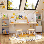 Wooden Kids Study Desk with Storage and 2 Stools, Kids Study Desk and Chair Set, Children Study Table with Bookshelves, Boys & Girls Study Desk for Ages 3-8, Bedroom, Toddler