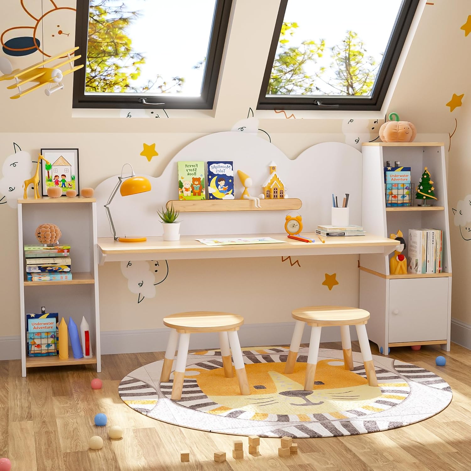 Wooden Kids Study Desk with Storage and 2 Stools, Kids Study Desk and Chair Set, Children Study Table with Bookshelves, Boys & Girls Study Desk for Ages 3-8, Bedroom, Toddler