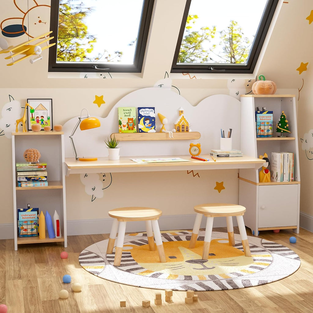 Wooden Kids Study Desk with Storage and 2 Stools, Kids Study Desk and Chair Set, Children Study Table with Bookshelves, Boys & Girls Study Desk for Ages 3-8, Bedroom, Toddler