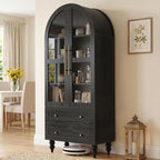 Shintenchi Tall Arched Kitchen Pantry, Modern Farmhouse Wood Kitchens Storage Cabinet with Glass Doors & Adjustable Shelves and 2 Large Drawers,Versatile Cupboard for Kitchen, Dining Room, Black