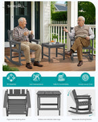 SERWALL Outdoor Rocking Chair Set of 2 with Side Table, All-Weather HDPE 3 Piece Patio Furniture Set, Outdoor Bistro Set with Pre-Drilled Hole for Porch Deck Lawn Balcony, Grey