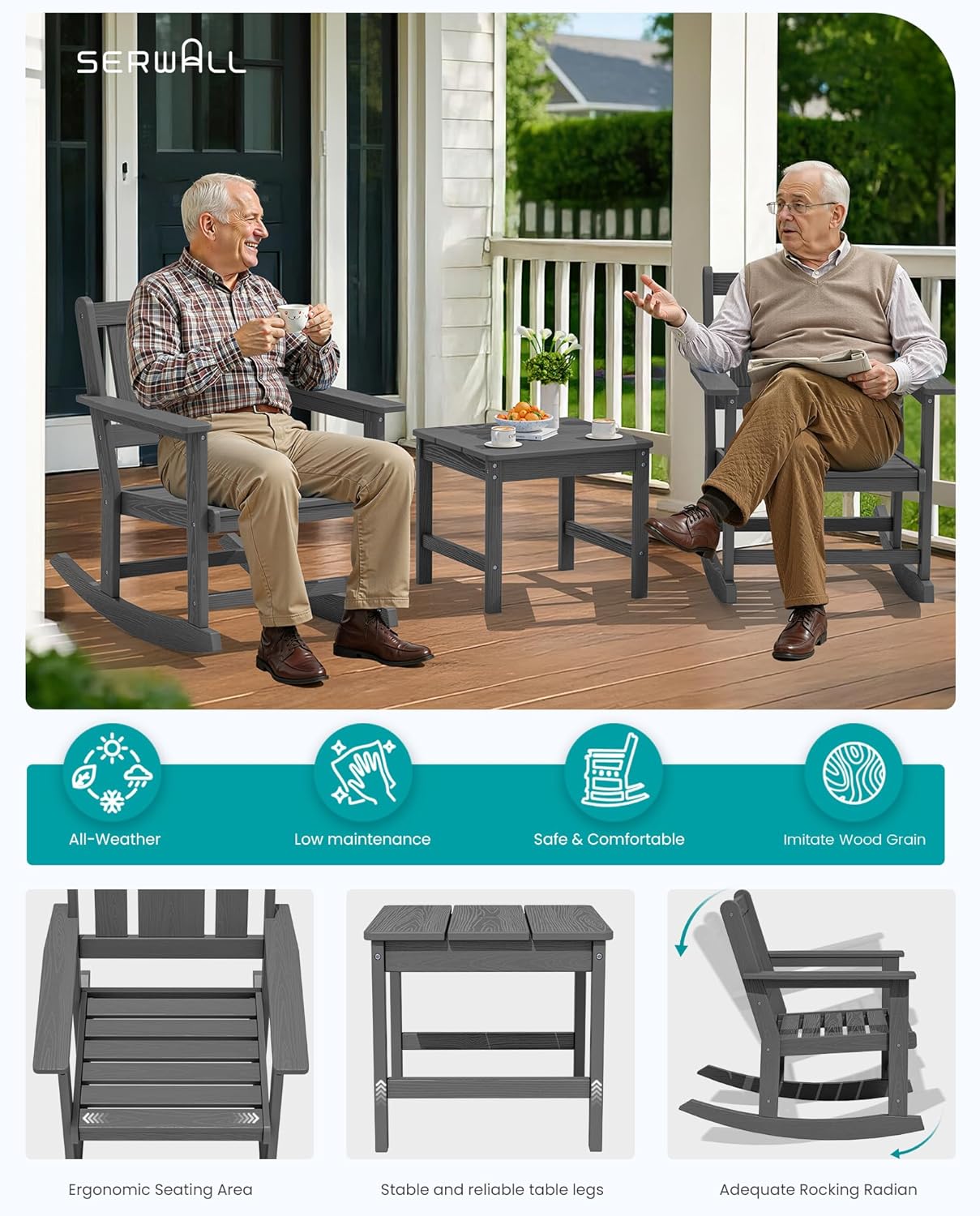 SERWALL Outdoor Rocking Chair Set of 2 with Side Table, All-Weather HDPE 3 Piece Patio Furniture Set, Outdoor Bistro Set with Pre-Drilled Hole for Porch Deck Lawn Balcony, Grey