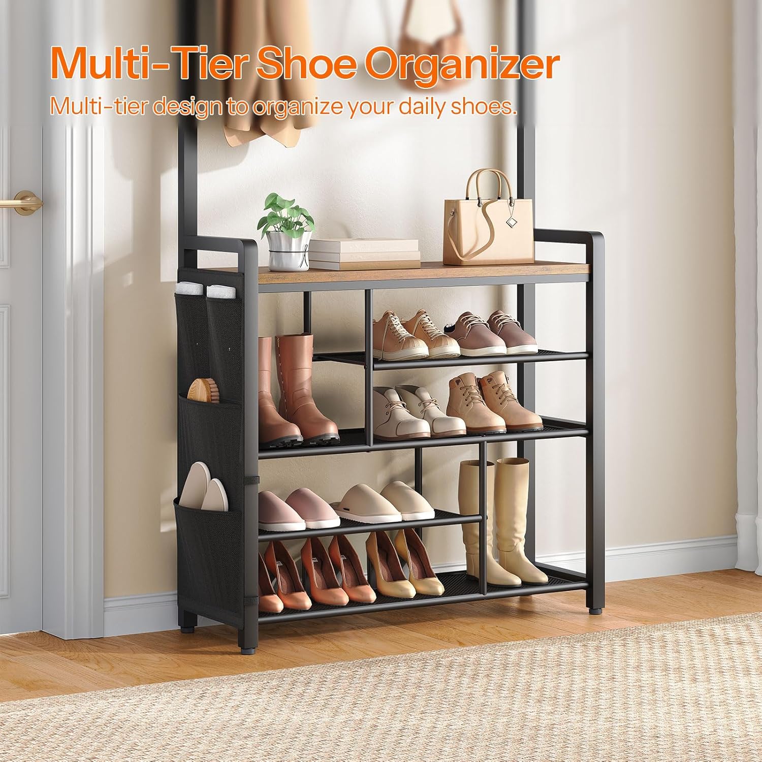HOOBRO Hall Tree with Bench, Shoe Rack with Coat Rack, 39.4" Coat Rack with Shoe Storage, 5 Tier Shoe Storage Organizer, Oxford Fabric Side Pockets, Coat and Shoe Rack Entryway, Rustic Brown BF46MT01