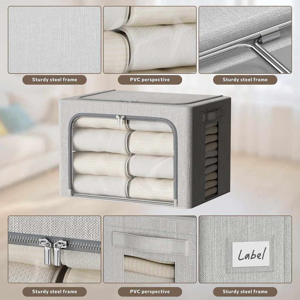 FHSQX 2 Pack Clear Window Storage Bins - Large Stackable Linen Fabric Storage for Clothes Foldable Container Organizer Set with Carrying Handles (Light Gray, 15.7x 11.8x 9.8Inch)