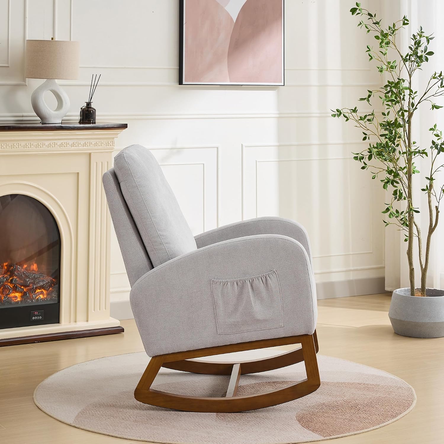 Gentle Rocking Chair, Nursery Chair, Polyester Accent Armchair with High Back, Side Pocket, Rubber Wood Legs, Light Gray, for Living Room or Bedroom